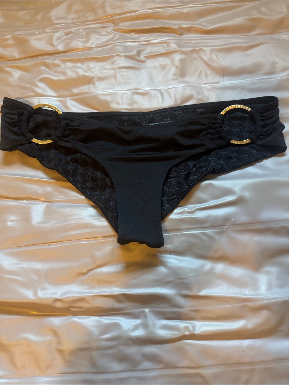 Victoria’s Secret Black Bikini Bottom with Gold Ring Accents. Size Small
